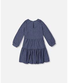 Крестьянское трикотажное платье с длинными рукавами для девочек, джинсовый синий цвет в горошек - детское Deux par Deux