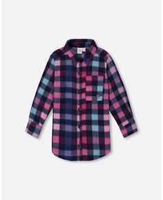 Длинная разноцветная клетчатая рубашка с карманом для девочек из флиса - детская Deux par Deux