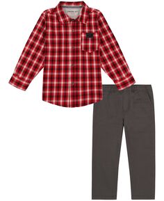 Рубашка в клетку с длинными рукавами и пуговицами спереди для мальчиков и предварительно выстиранные твиловые брюки, комплект из 2 предметов Calvin Klein