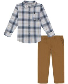 Рубашка в клетку с длинными рукавами и пуговицами спереди для маленьких мальчиков и предварительно выстиранные твиловые брюки, комплект из 2 предметов Calvin Klein