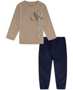 Трикотажная футболка с длинными рукавами с двойным логотипом для мальчиков и твиловые джоггеры, комплект из 2 предметов Calvin Klein
