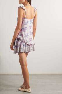 LOVESHACKFANCY платье мини из крепдешина Divina с кружевной аппликацией и цветочным принтом, фиолетовый