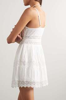 LOVESHACKFANCY Мини-платье цвета корицы с защипами и отделкой из хлопка и вуали крючком, белый