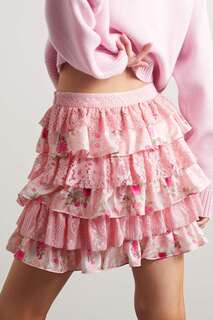 LOVESHACKFANCY Мини-юбка Merlita из кружева с цветочным принтом и шелкового атласа с оборками, розовый