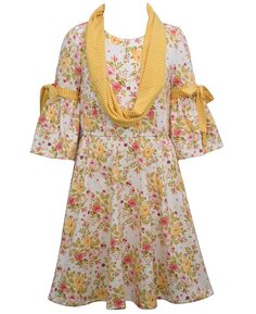 Трикотажное платье приталенного кроя для больших девочек с рукавами три четверти, рукавами-клешами и шарфом в тон Bonnie Jean