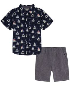 Рубашка из поплина с короткими рукавами с принтом акулы для мальчиков и шорты из шамбре, комплект из 2 предметов Kids Headquarters