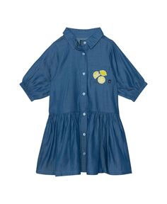 Платье с рукавами 3/4 и карманом синего цвета из шамбре для девочек – детское Deux par Deux