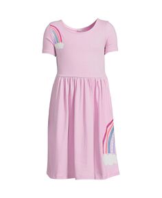Детское трикотажное платье с короткими рукавами и присборенной талией для девочек Lands&apos; End