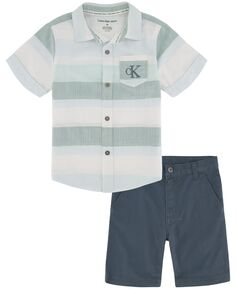Полосатая рубашка на пуговицах спереди для мальчиков и саржевые шорты, комплект из 2 предметов Calvin Klein