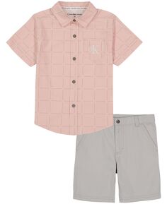 Рубашка на пуговицах спереди из поплина с рисунком для маленьких мальчиков и шорты из твила, комплект из 2 предметов Calvin Klein