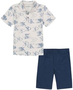 Трикотажная рубашка-поло с монограммным принтом Little Boys Slub и саржевые шорты, комплект из 2 предметов Calvin Klein
