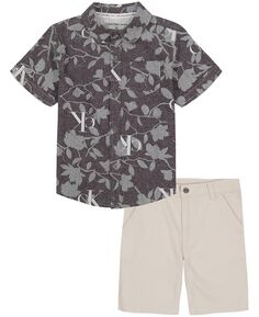 Рубашка на пуговицах спереди Little Boys с принтом из шамбре и шорты из твила, комплект из 2 предметов Calvin Klein