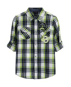 Рубашка в клетку на пуговицах из ткани с вышитыми логотипами для больших мальчиков GUESS