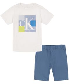 Футболка с короткими рукавами с металлизированной монограммой Little Boys и саржевые шорты, комплект из 2 предметов Calvin Klein