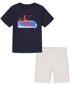 Футболка с короткими рукавами с контрастным логотипом Little Boys и саржевые шорты, комплект из 2 предметов Calvin Klein