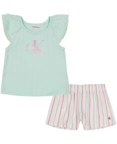 Футболка из джерси с логотипом для маленьких девочек, шорты в полоску с попкорном, комплект из 2 предметов Calvin Klein