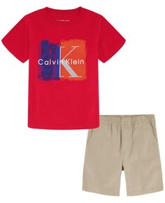 Футболка с короткими рукавами с нарисованным логотипом для мальчиков и саржевые шорты, комплект из 2 предметов Calvin Klein