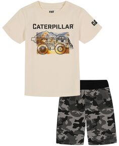 Фирменная футболка с короткими рукавами для маленьких мальчиков и камуфляжные шорты из френч-терри, комплект из 2 предметов Caterpillar