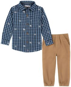 Рубашка с длинными рукавами и пуговицами в клетку для маленьких мальчиков и саржевые джоггеры, комплект из 2 предметов Kids Headquarters
