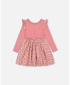 Розовое платье из двух материалов для девочек из муслина с принтом тюльпанов - детское Deux par Deux