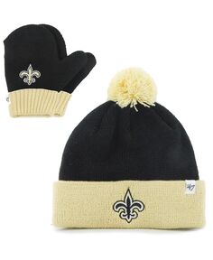 Комплект унисекс черно-золотой вязаной шапки New Orleans Saints Bam Bam с манжетами, помпоном и варежками для малышей &apos;47 Brand