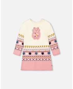 Вязаное платье для маленьких девочек с кремовой интарсией и розовой розочкой - для младенцев Deux par Deux