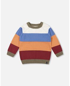Вязаный свитер реглан для мальчика: красное вино, жженый апельсин и овсяная полоска - ребенок Deux par Deux