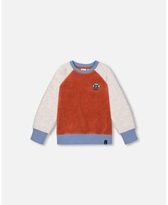 Бархатный свитшот в рубчик с цветными блоками реглан для мальчиков Ярко-оранжевый — для малышей|ребенок Deux par Deux