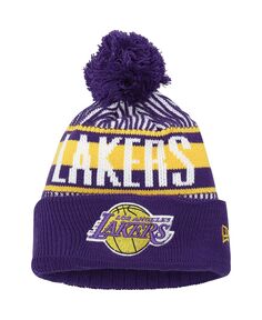 Фиолетовая вязаная шапка с манжетами и помпоном в полоску для мальчиков Youth Los Angeles Lakers New Era