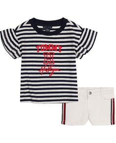 Полосатая футболка с логотипом Little Girls и эластичные джинсовые шорты с полосками по бокам, комплект из 2 предметов Tommy Hilfiger