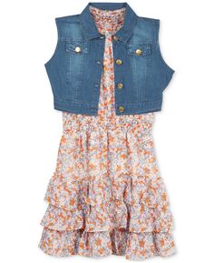 Шифоновое многоярусное платье с цветочным принтом для больших девочек и джинсовый жилет Rare Editions