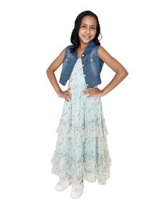 Многоярусное платье с цветочными рюшами и джинсовый жилет для больших девочек Rare Editions