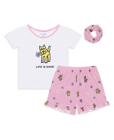 Пижамный комплект с футболкой с рисунком и шортами с рюшами для маленьких девочек и резинкой для волос Life is Good
