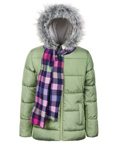 Однотонное стеганое пуховое пальто и клетчатый шарф для больших девочек S Rothschild &amp; CO