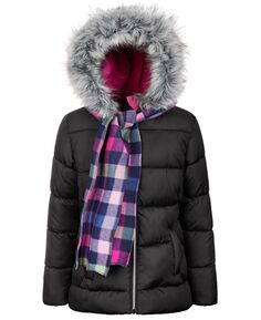 Однотонное стеганое пуховое пальто и клетчатый шарф для больших девочек S Rothschild &amp; CO
