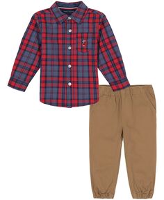 Рубашка в клетку с длинными рукавами и пуговицами для мальчиков и саржевые джоггеры, комплект из 2 предметов Tommy Hilfiger