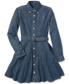 Джинсовое хлопковое платье-рубашка с поясом для больших девочек Polo Ralph Lauren