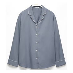 Рубашка пижамная Oysho Piping 100% Cotton, серо-голубой