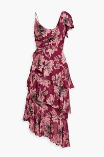 Асимметричное многоярусное платье миди из фил-купе с цветочным принтом THEIA, бордовый
