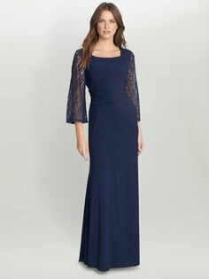 Gina Bacconi Atalanta Платье макси с кружевными рукавами и пайетками, темно-синее