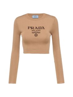 Укороченный шелковый свитер с логотипом Prada, бежевый