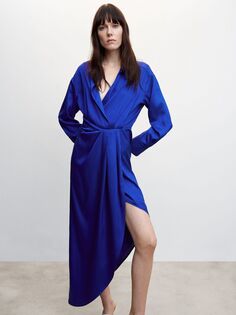 Асимметричное атласное платье-миди Mango, средний синий