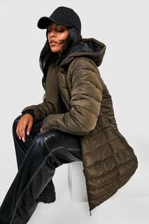 Высокое пуховое пальто с капюшоном Boohoo, хаки
