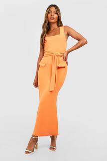 Платье миди из крепа с квадратным вырезом и поясом Boohoo, оранжевый