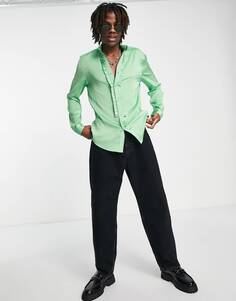 Ярко-зеленая классическая атласная рубашка с рюшами спереди ASOS DESIGN - MGREEN