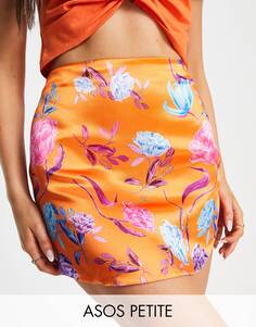 Атласная мини-юбка с закругленным краем и ярко-оранжевым цветочным принтом ASOS DESIGN Petite