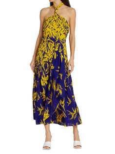 Платье Degrade Proenza Schouler миди с цветочным принтом и лямкой на шее, желтый/синий