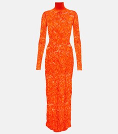 Кружевное платье макси с высоким воротником ALAÏA, оранжевый