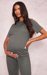 PrettyLittleThing Оливковая рубашка в рубчик с короткими рукавами для беременных