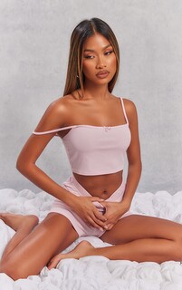 PrettyLittleThing Пижамный комплект Baby Pink в рубчик с укороченной майкой и шортами